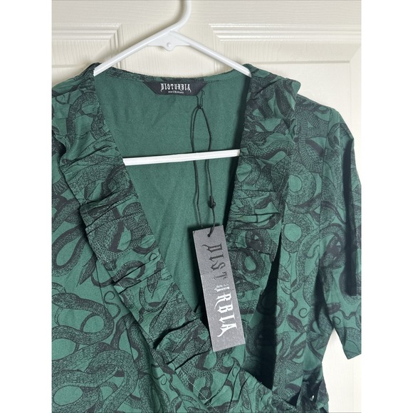 Disturbia Ophidia Snake Print Ruffle Mini Wrap Dress Sz10 Green Gothic Princess - Picture 2 of 5